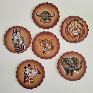 Leather African Animal Coasters Set Of 6 With Strap Holder
